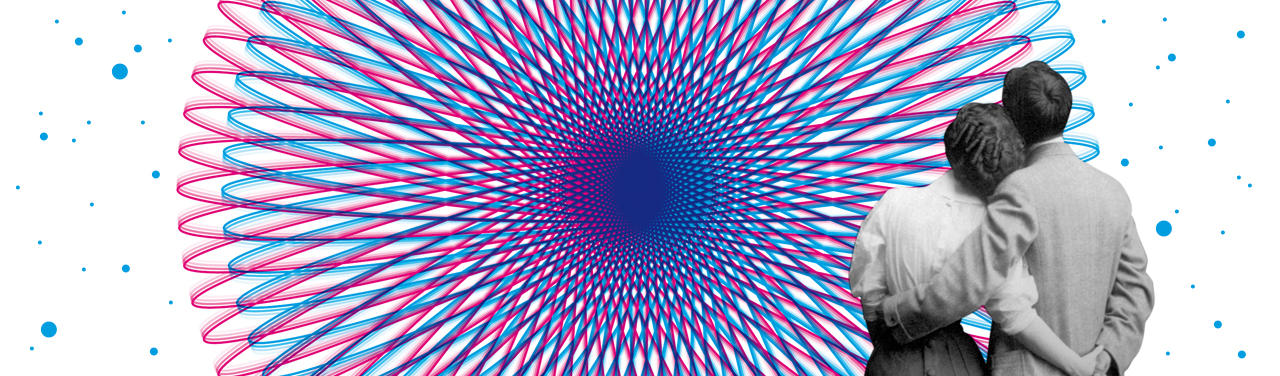 Photocollage of a black-and-white photo of a man and woman from behind shown in front of a huge pink-and-blue spirograph.