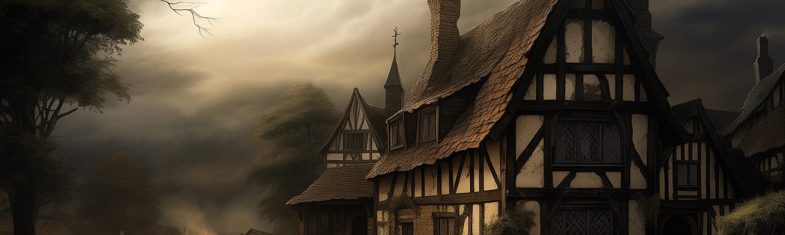 A large half-timbered building in gloomy, misty light, a road in front