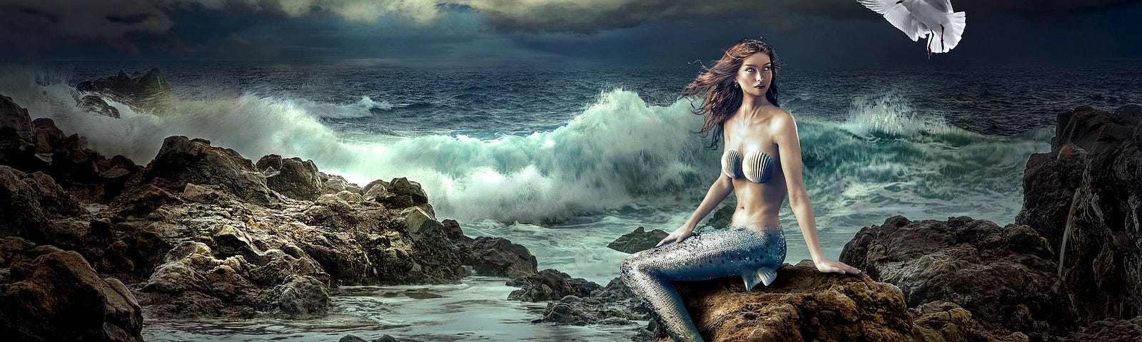A mermaid sitting on a rock with dark stormy seas and sky in the background
