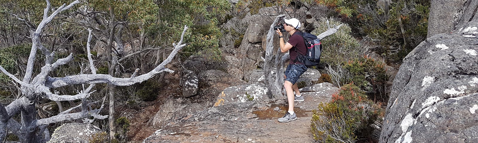 a person is standing on a high rocky cliff surrounded by trees and rocks he is wearing a backpack and holding a camera