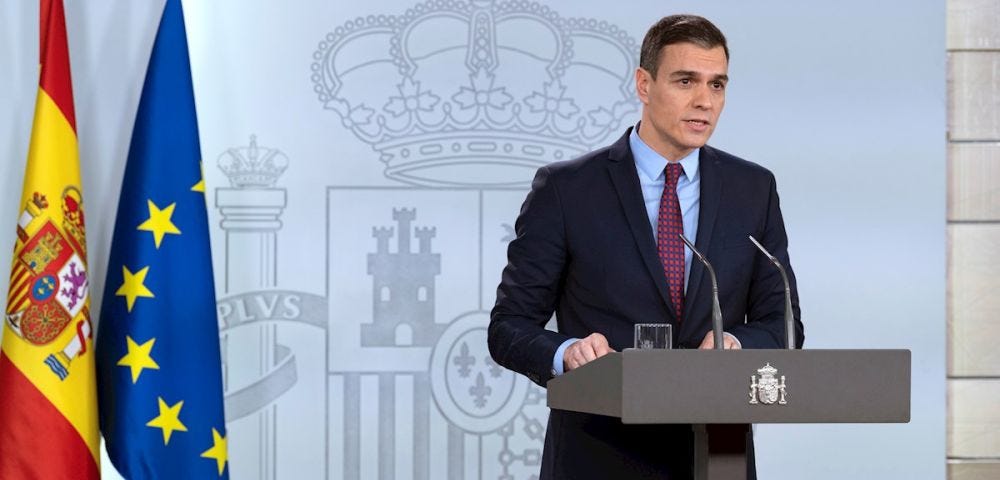 西班牙總理桑切斯(Pedro Sánchez) 2020/3/13 16:00 CET電視直播宣佈全國進入警戒狀態(Estados de Alarma)