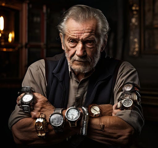 Man in a bar with 8 watches