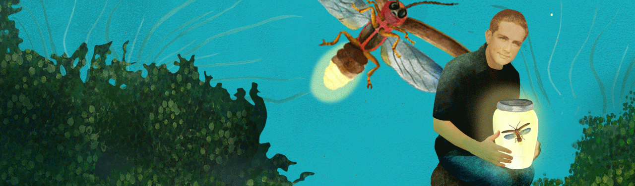 Illustration of a giant lightning bug flying behind a person holding a jar with a small lightning bug in it.
