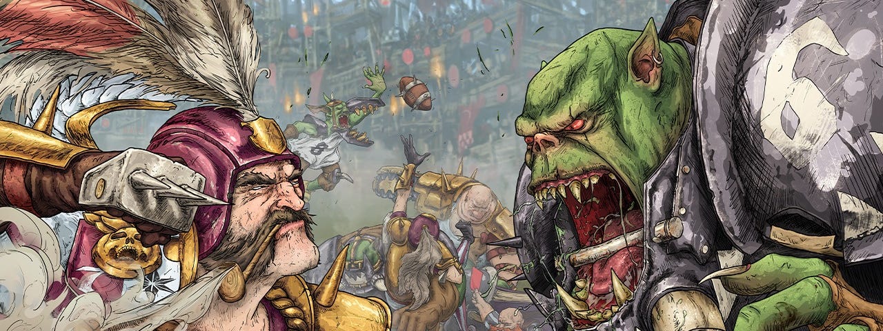Promo artwork from Blood Bowl. A human player with metal armor and a big feather on an open-face helmet faces off against an orc with big shoulder pauldrons and metal jaw plate with giant tusks. More human, orc, dwarf, and goblin football players fight over a spiked football in the middle ground. Rickety scaffolding holds spectators in the background.