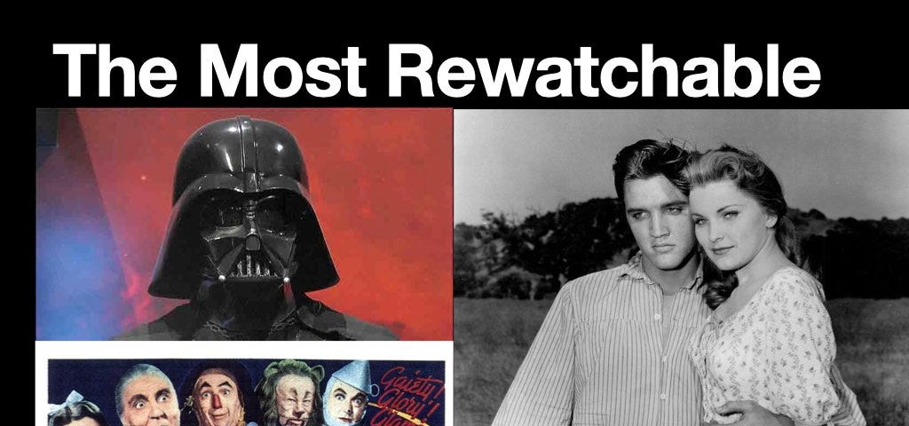 What are the most rewatchable films and TV shows ever? And what makes certain movies and certain TV episodes we want to rewatch over and over again? The spirituality and psychology behind our need to see certain stories repeatedly. Above (left to right): Star Wars and the Wizard of Oz top the most rewatchable lists but Elvis Presley, who sold more records than anyone and starred in 31 films, is the latest example of this need to see certain stories over and over. Collage by Joseph Serwach