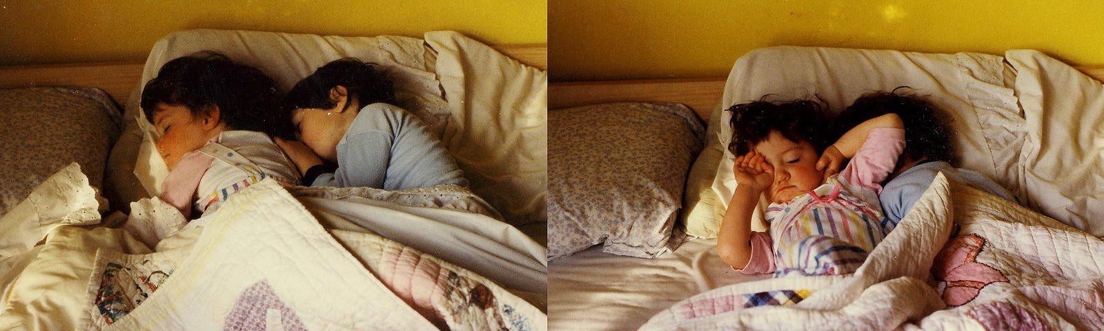 4 vintage family photos of two children sleeping in bed, arranged in a grid pattern.