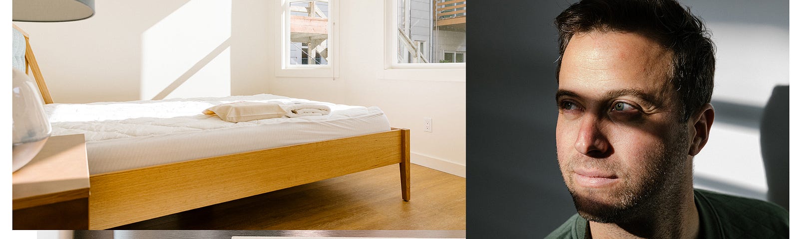 A photo collage of an empty bedroom, a portrait of Starcity CEO Jon Dishotsky, and a refrigerator with a welcome card.