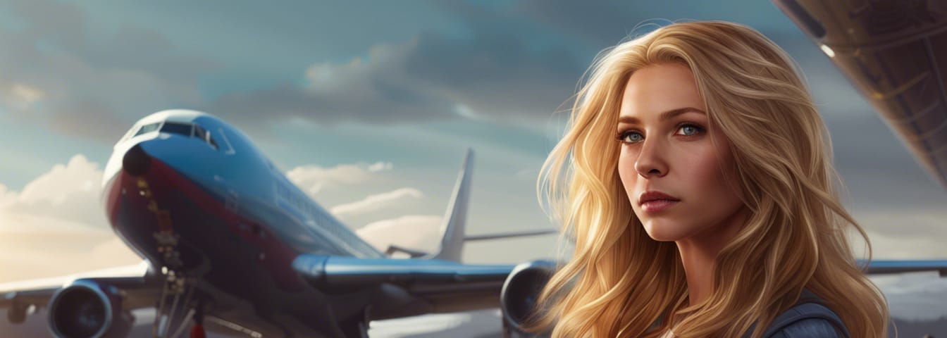 Gorgeous blonde woman with wavy hair, standing with a sombre expression. An airplane is in the background.