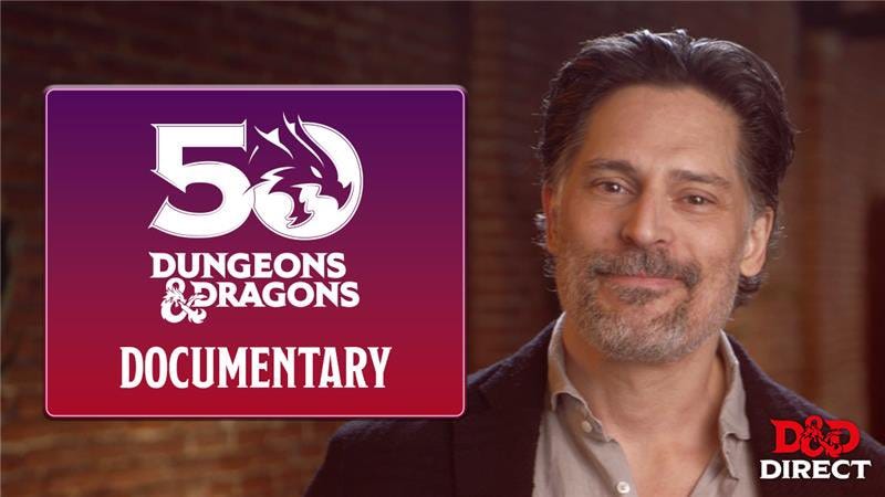 A video thumbnail from from D&D Direct. Joe Manganiello is featured on the right side. On the left is a card that reads 50 - Dungeons & Dragons — Documentary. The zero has the negative outline of a dragon’s head.