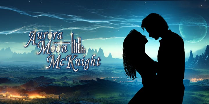 An illustration of a different world in the background and a silhouette of a man and woman in an embrace in the foreground. The author’s name, Aurora Moon McKnight, is lettered beside them.