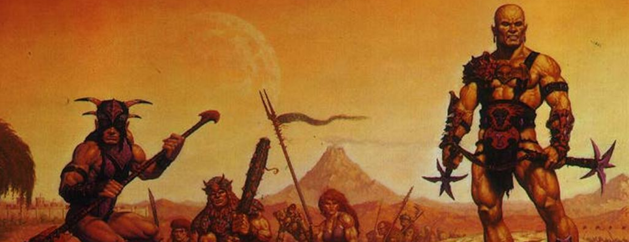 Several adventurers in a sun-blasted rocky wastelend. They wear sparse Mad Max-like armor and carry spikey and bladed weapons