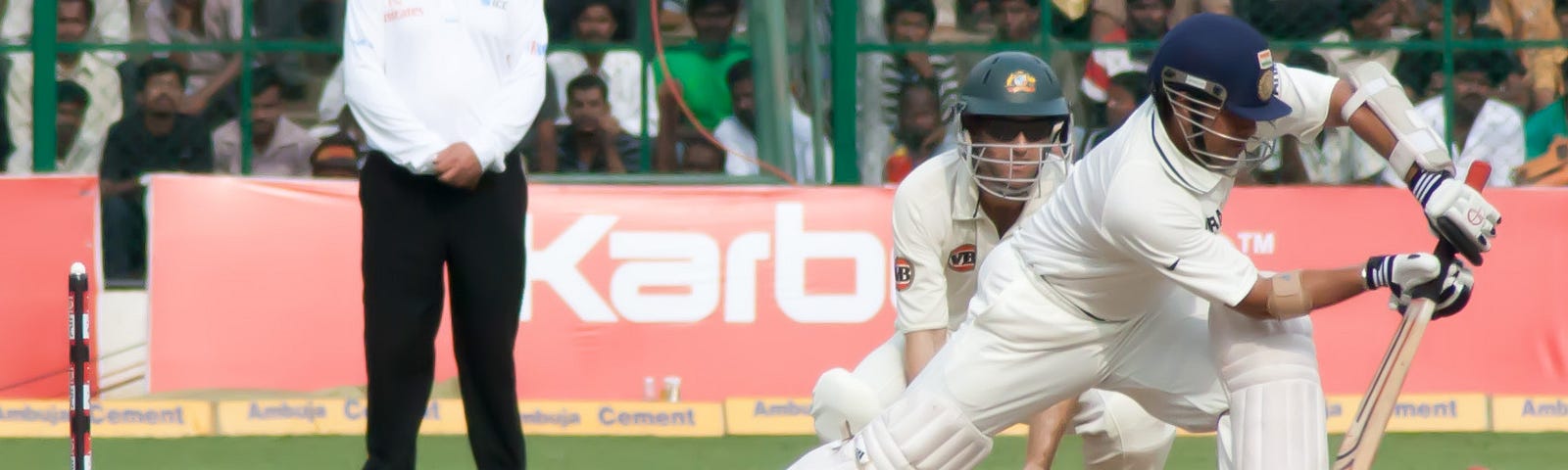 Sachin Tendulkar defending a ball in a test match against Australia