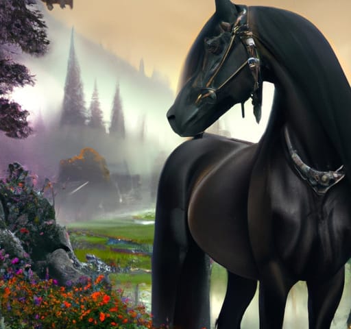 A gorgeous black mare looks over her shoulder at a misty, fairytale forest.