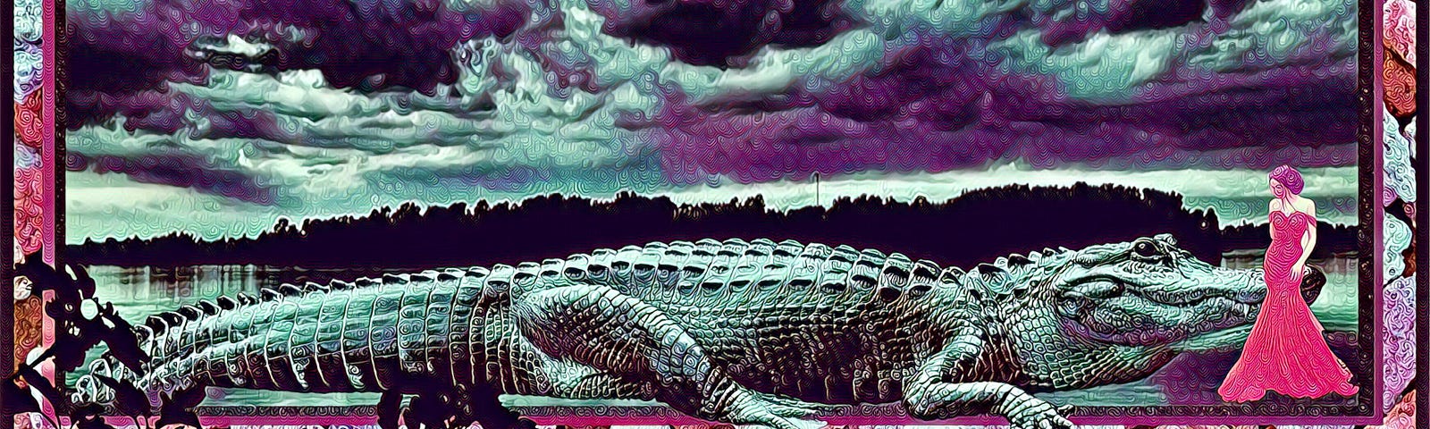 Giant alligator standing next to a woman in a strapless ball gown against a backdrop of pale green and purple clouds