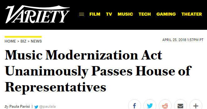 Image result for House of Representatives voted 415-0 to pass the Music Modernization Act (H.R. 5447)