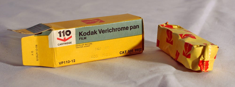 Kodak Verichrome pan 110 film box and cartridge in packaging.