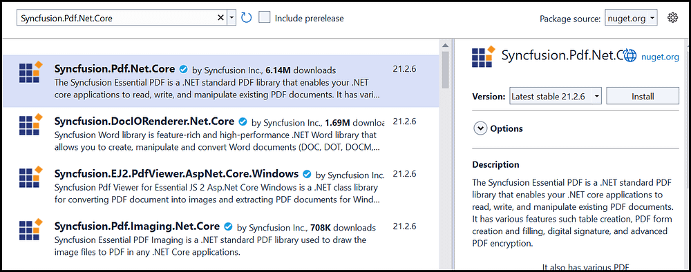 Install the Syncfusion.Pdf.Net.Core NuGet package