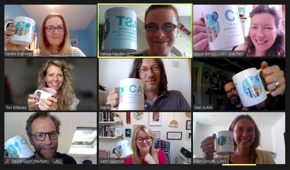 A screengrab of a CAST Zoom call, showing all nine of the team (six women and three men) holding CAST ‘9th anniversary’ mugs.