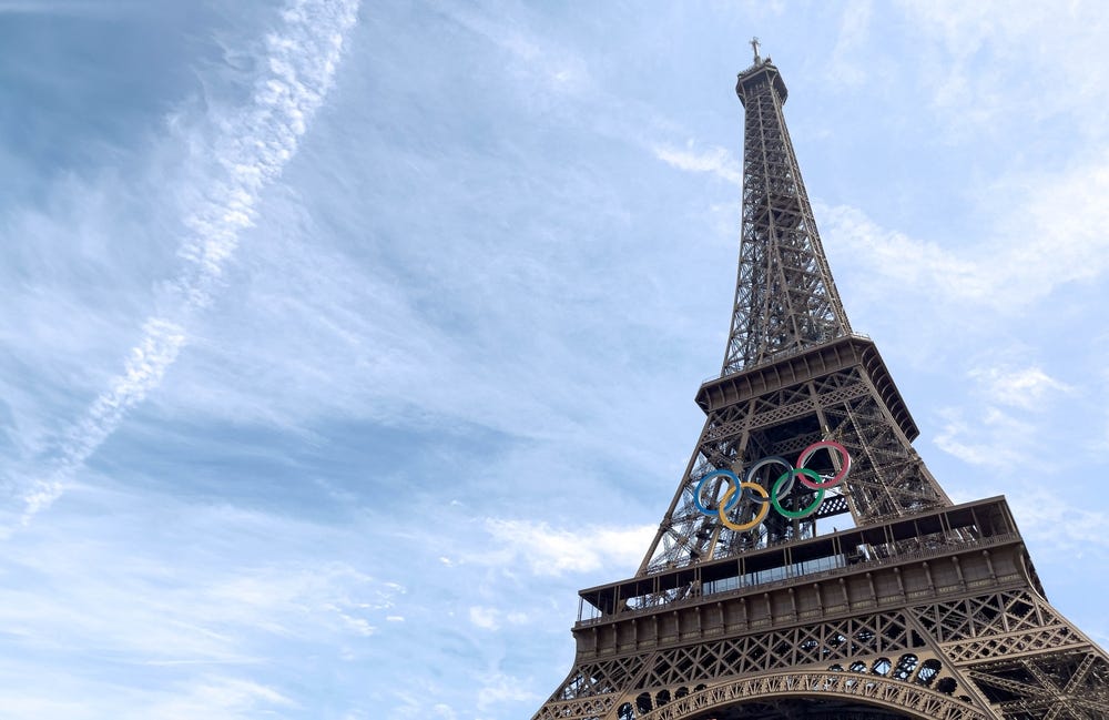 The Olympic Rings on the Eiffel Tower in Paris.