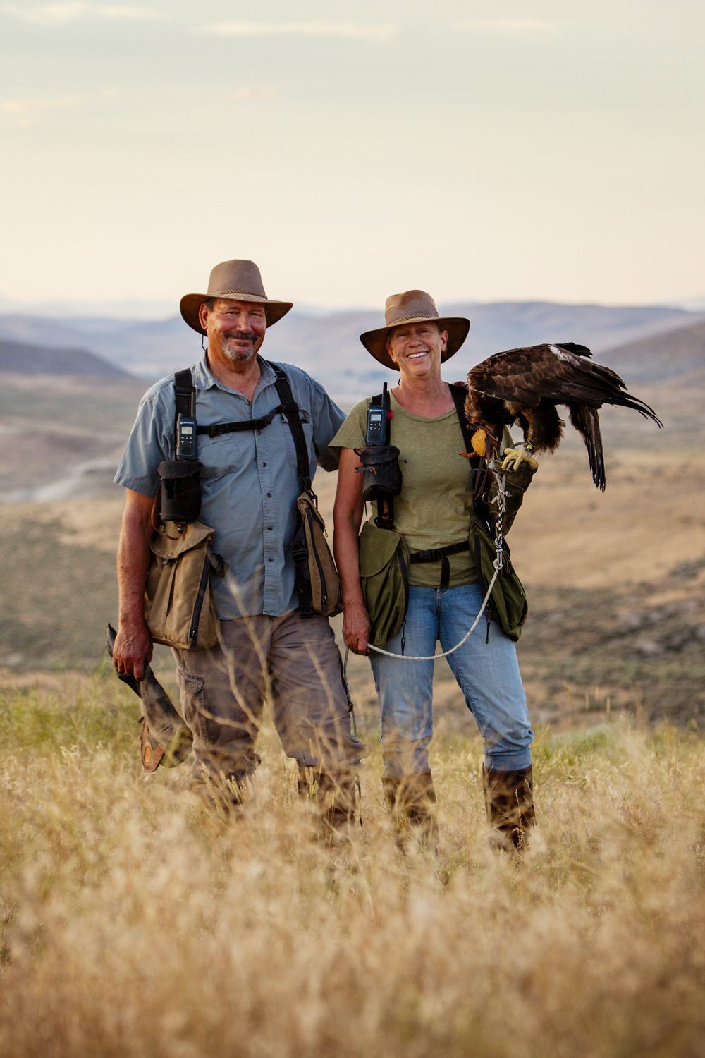 Joe and Cordi hunting with female golden eagle using falconry in eastern Oregon