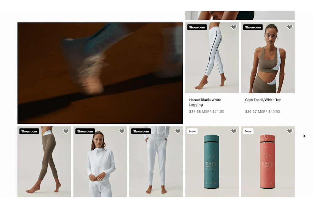 A GIF from Born Living Yoga’s Bestsellers Collection on Faire, showing a video embedded among a curated selection of yoga-related products.