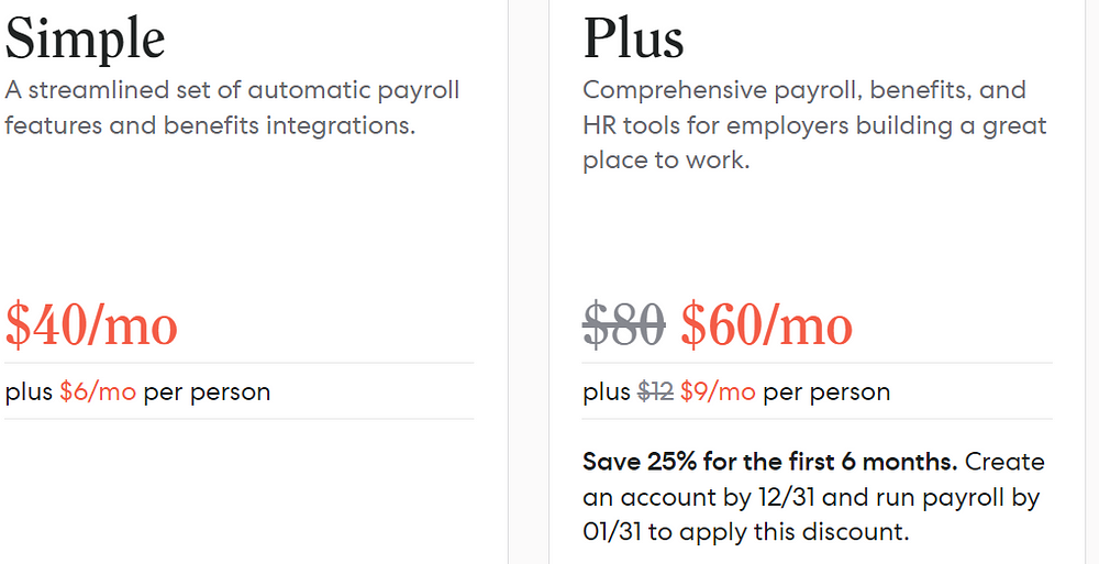 FreshBooks’ Gusto pricing structure