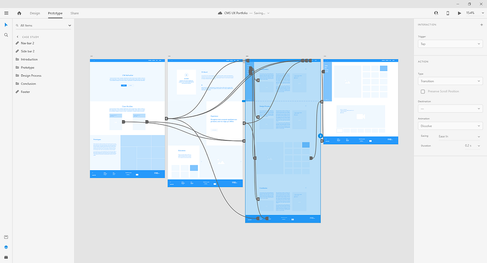 Wireframes of a UX portfolio designed in Adobe XD’s interface