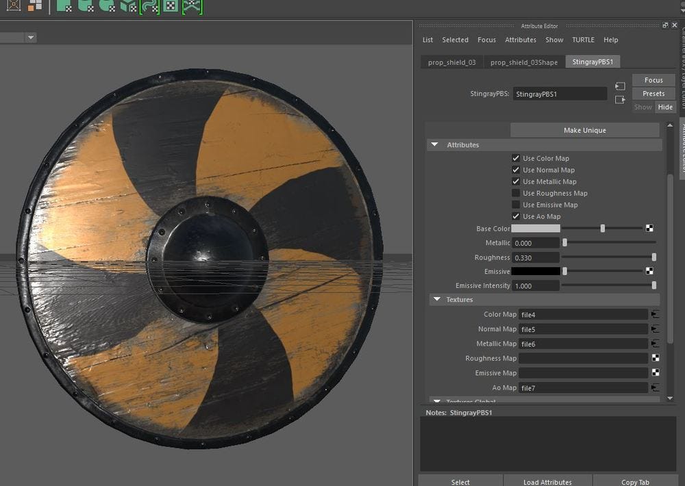 Maya 2016 LT where a Stingray PBS shader has been applied to the shield.