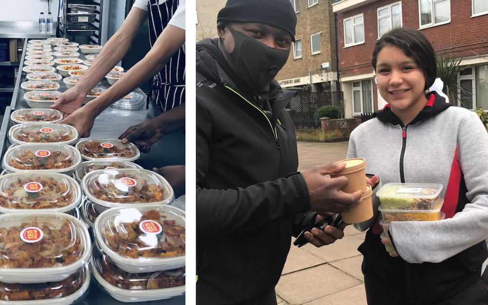 Large number of packaged takeaway boxes and man and women collecting takeaways