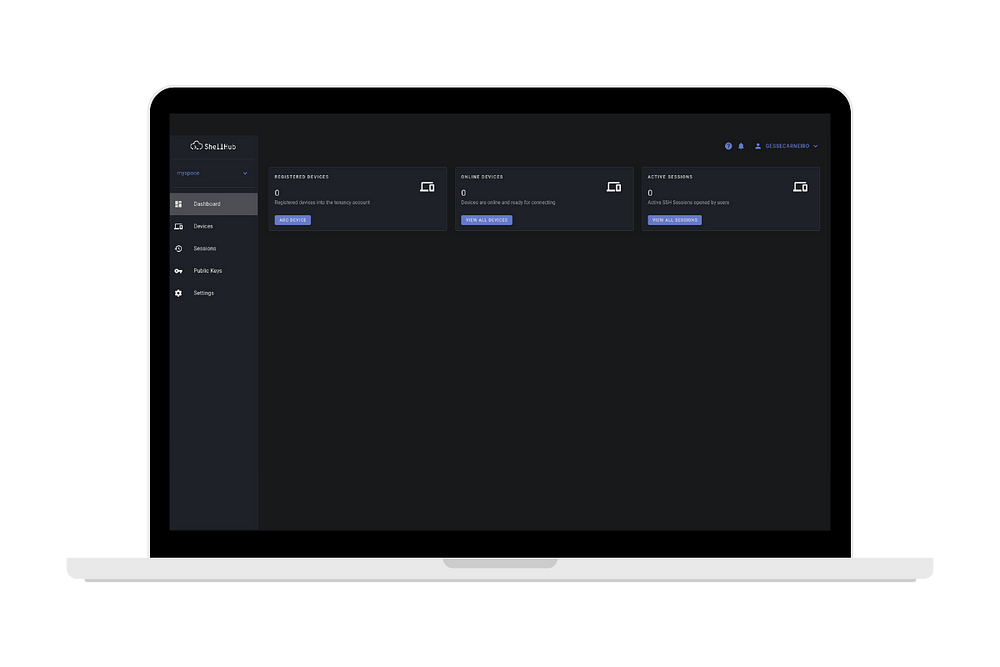 notebook mostrando a tela inicial do ShellHub onde aparecem 3 cards: 1- devices registrados; 2- devices online; 3- sessões ativas