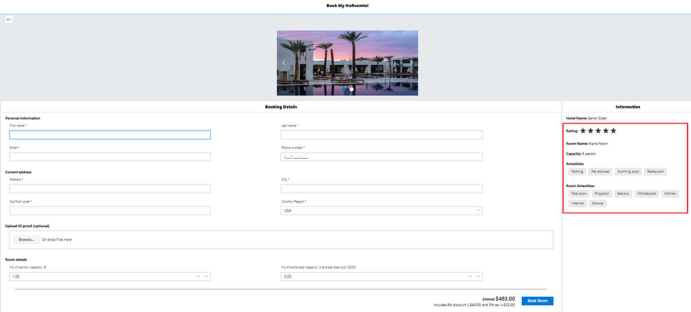 Using React Rating for user ratings and Chips for highlighting hotel and room amenities