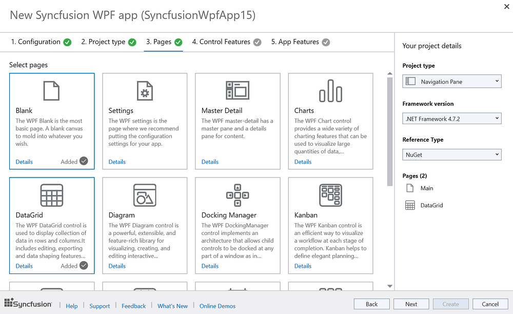 Select the Syncfusion WPF controls needed for the project