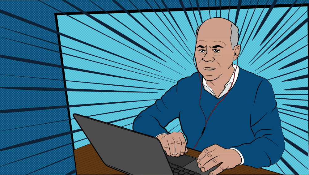 Cartoon of a man in a blue sweater listening on headphones connected to a laptop.