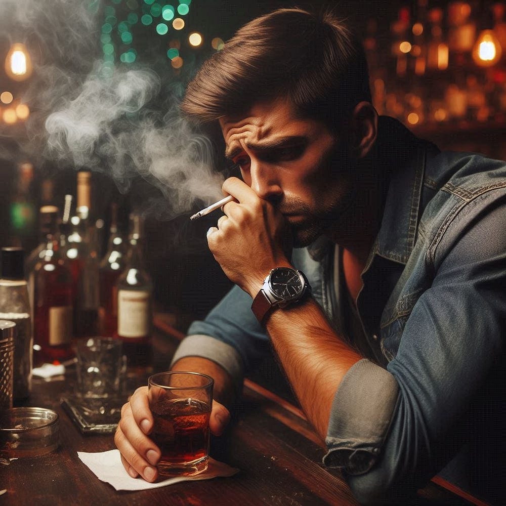 a sad man smoking and drinking in a bar, Running away from your emotions, pain, and problems is not the solution. Everything bad that happens is a learning opportunity. It’s what you need even if it it’s not fun.