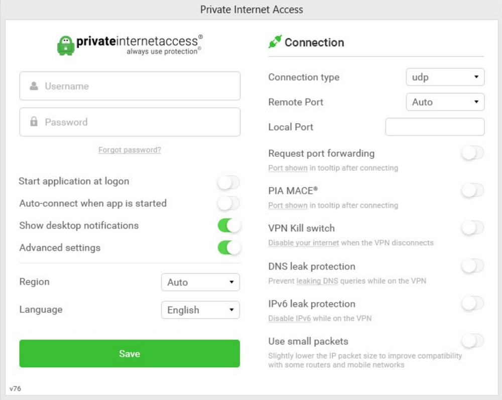 PIA's interface Private Internet Access interface