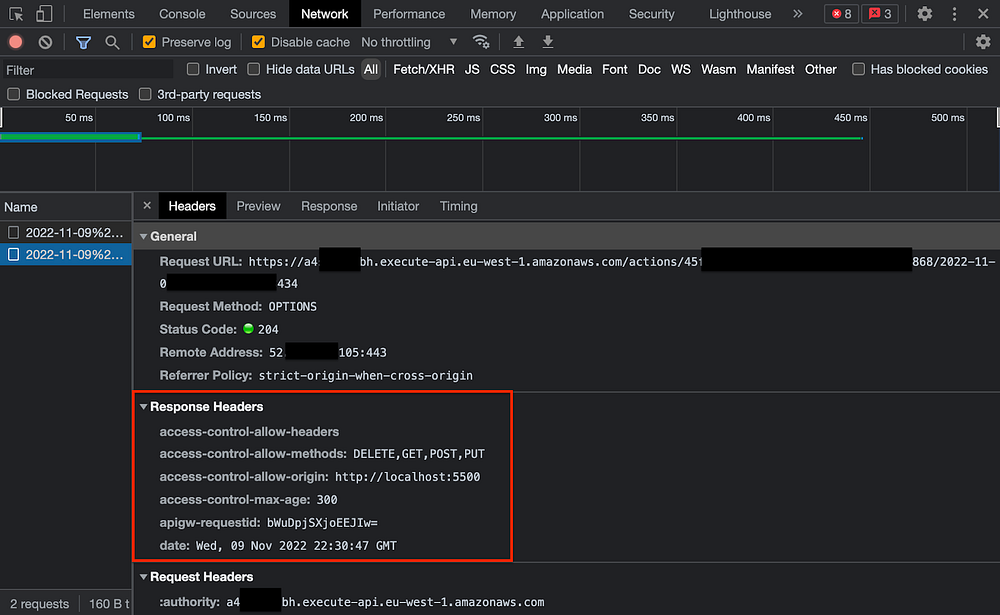 Preflight request in Chrome’s Network inspector with CORS headers