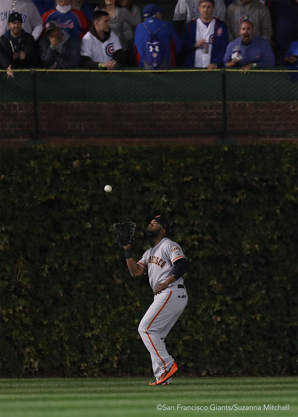 Denard Span catches a fly ball in center field hit by Addison Russell in the eighth inning.