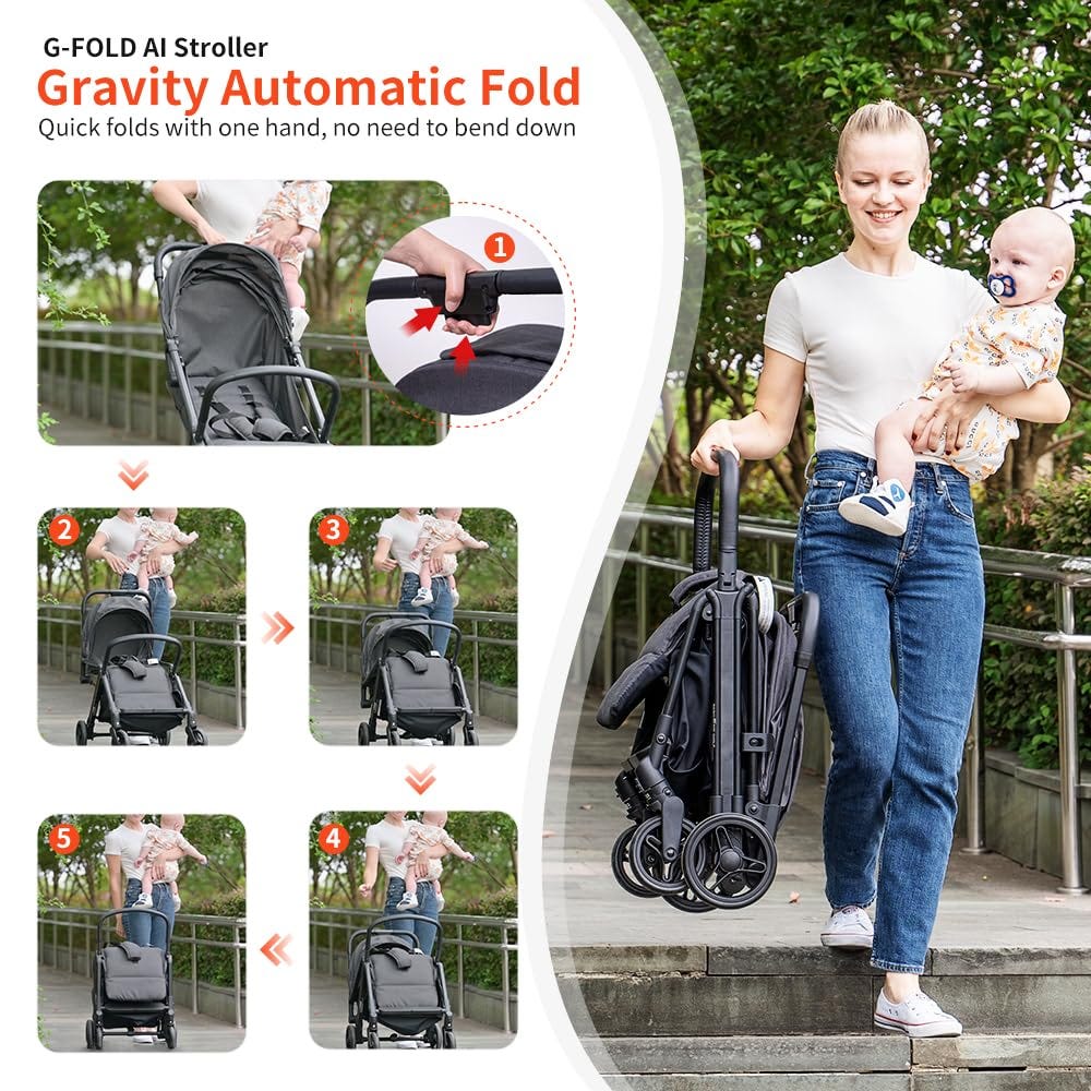 Lightweight Baby Stroller - Gravity Automatic Fold Travel Stroller for Airplane， One-Hand Folding Toddler Stroller，Compact Umbrella Stroller w/Adjustable Backrest/Footrest/Canopy…(Black)