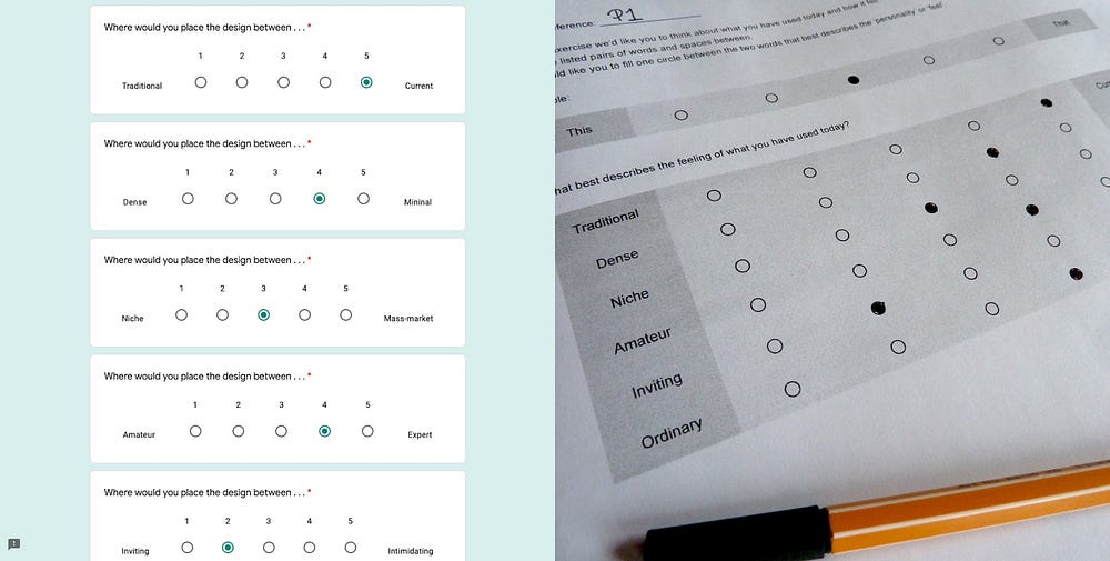 A BERT test completed digitally using Google Forms and another printed on paper.