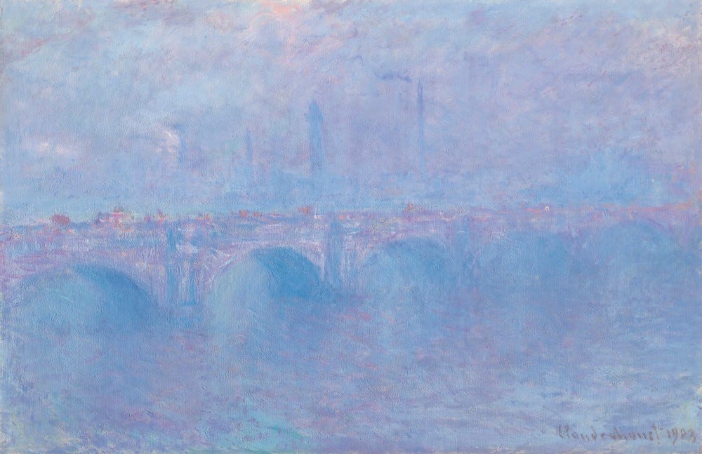 Subtle differences in the soft pink and blue hues, and slight variations in luminosity cause the shape of Waterloo Bridge to emerge from the background.
