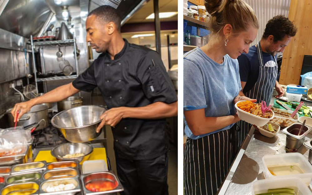 People serving food from kitchen