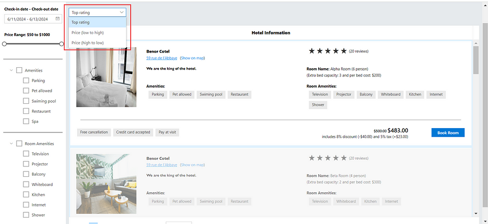 Sorting hotel rooms by rating and budget