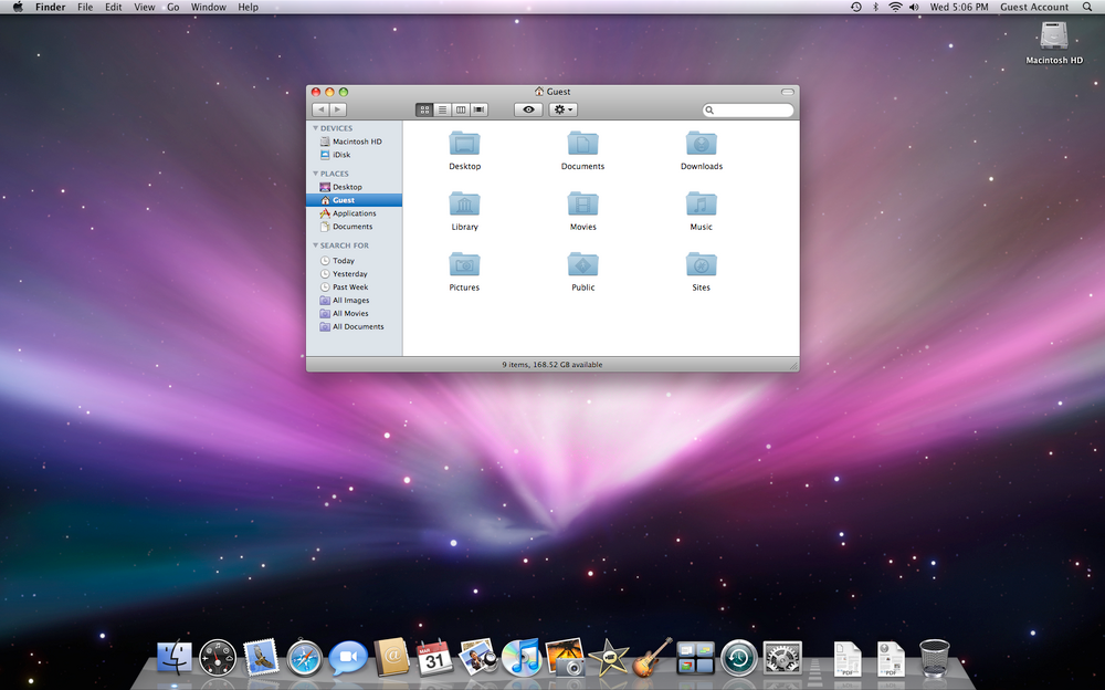 A screenshot of Mac OS Leopard desktop, displaying application icons, a window, and an image of space in the background