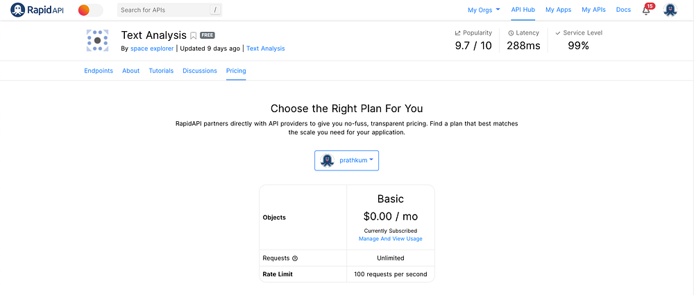 Pricing page of text analysis API showing basic price with $0.00 per month