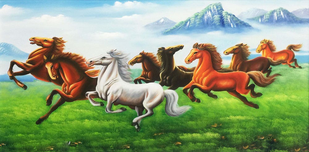 Tranh ngựa mã đáo thành công chạy trên cỏ