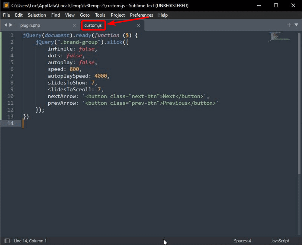 Add code to custom.js file.