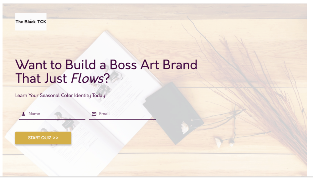 Image of the quiz stating: Want to Build a boss art brand that just flows and requesting email and name