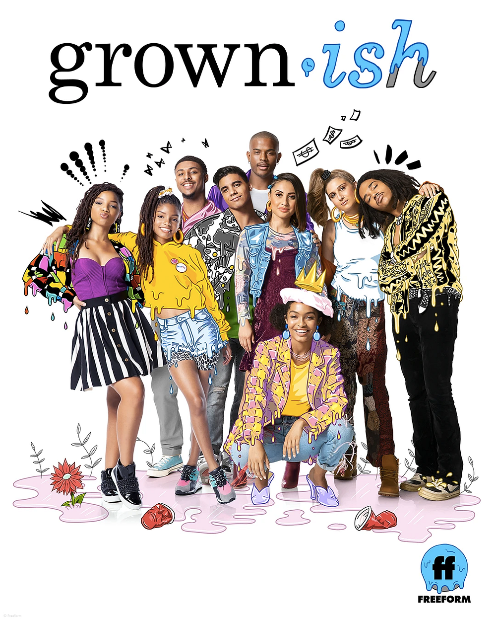 A group of nine teens stand together in various poses. Four are young men of color, and four are young women of color. Above them is the word “grown-ish.” In the bottom right is the Freeform logo.
