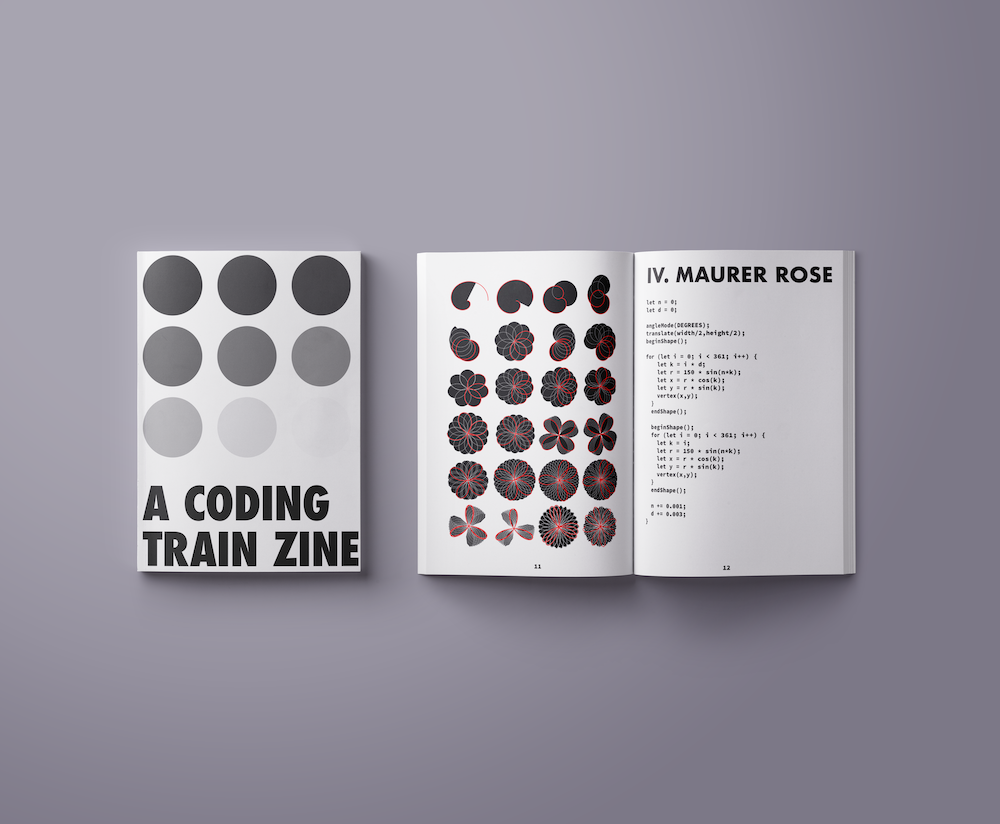 Two copies of A Coding Train zine. On the left, a closed zine shows the cover with circles. On the right, an open zine.