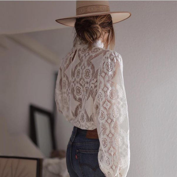 Long Sleeve Petal Collar See Through Lace Top — Chicbohostyle